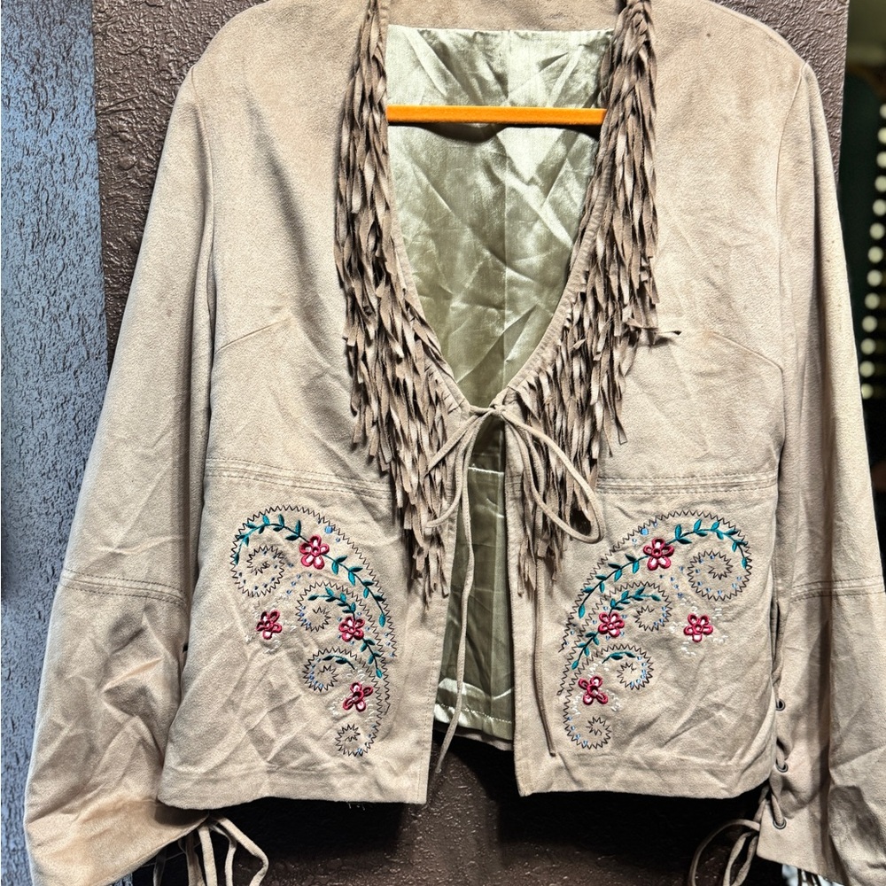 Embroidered Fringe Beige suede Jacket